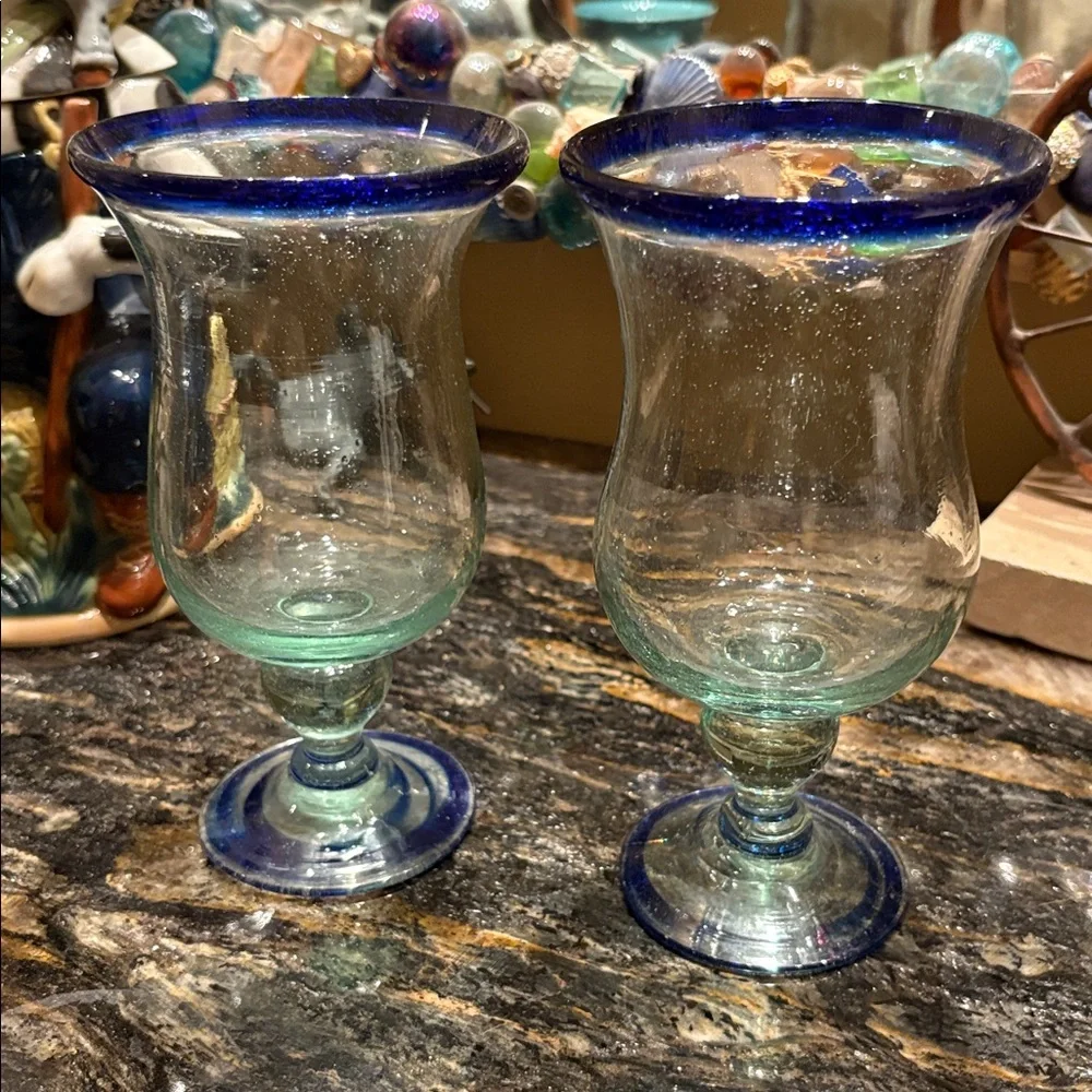 Mexican Hand Blown Cobalt Blue Thick Glass Cocktail Goblets Drink Margarita Set